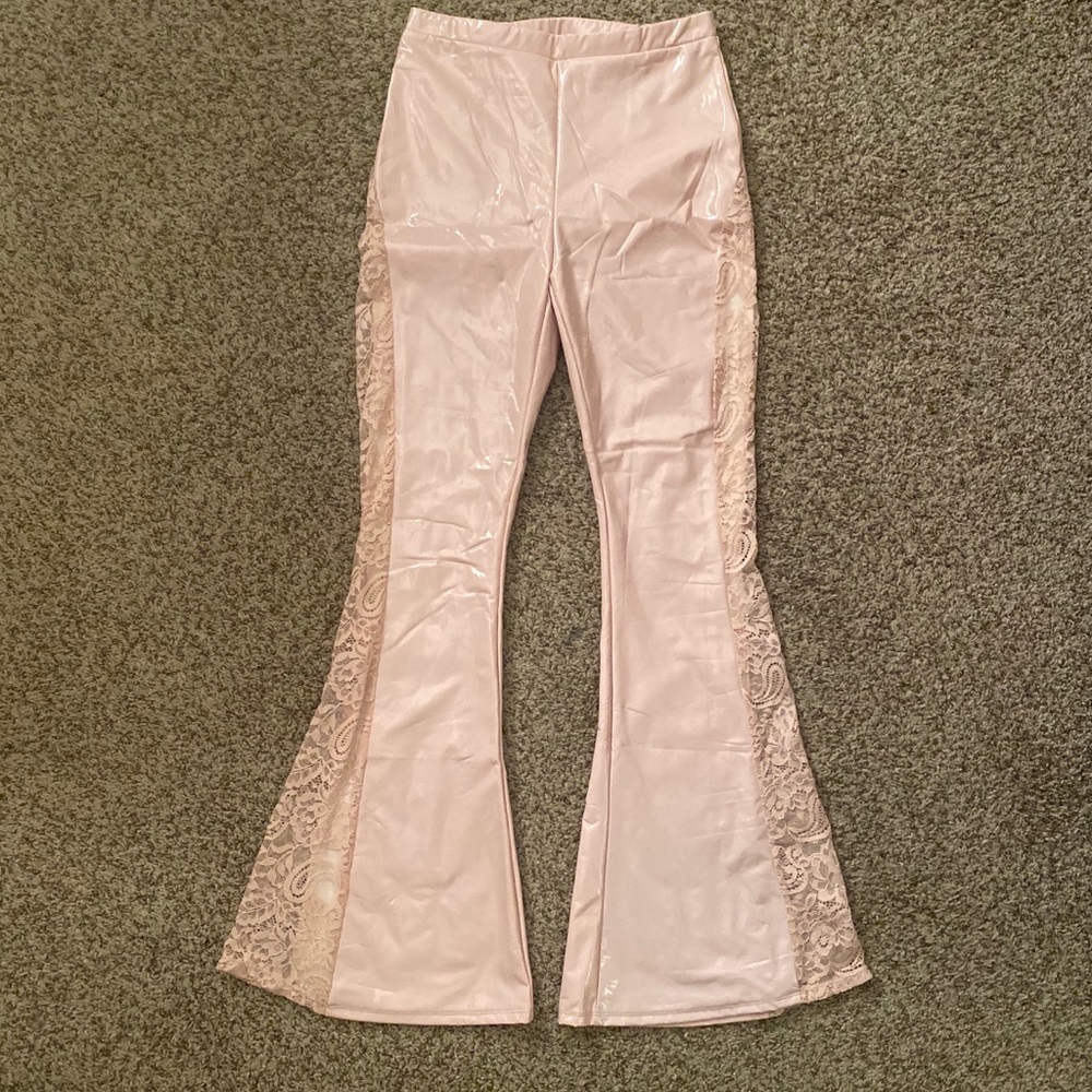 Pink PU leather bell bottoms with lace leg run